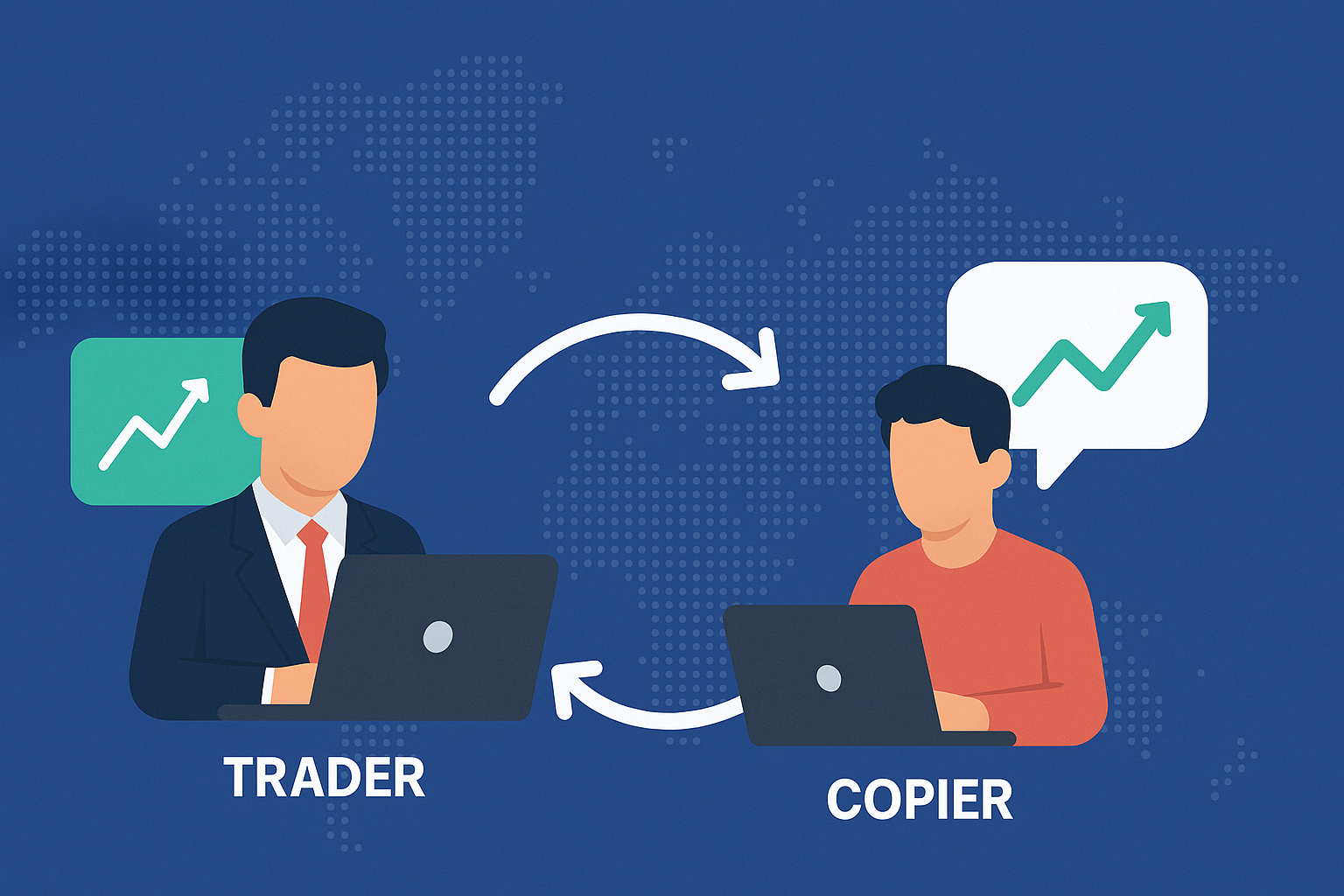 "A flat-style digital illustration showing the concept of copy trading. On the left, a professional trader in a suit uses a laptop with an upward chart, while on the right, a casual investor (copier) mirrors the same chart on their laptop. Arrows connect the two, representing the automatic replication of trades. The background features a global map pattern with the text 'COPY TRADING' at the top."