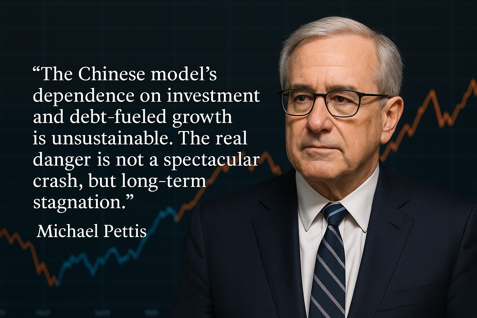 A professional digital portrait of economist Michael Pettis wearing a dark suit, striped tie, and glasses, set against a financial graph background. A prominent quote is overlaid: “The Chinese model’s dependence on investment and debt-fueled growth is unsustainable. The real danger is not a spectacular crash, but long-term stagnation.”