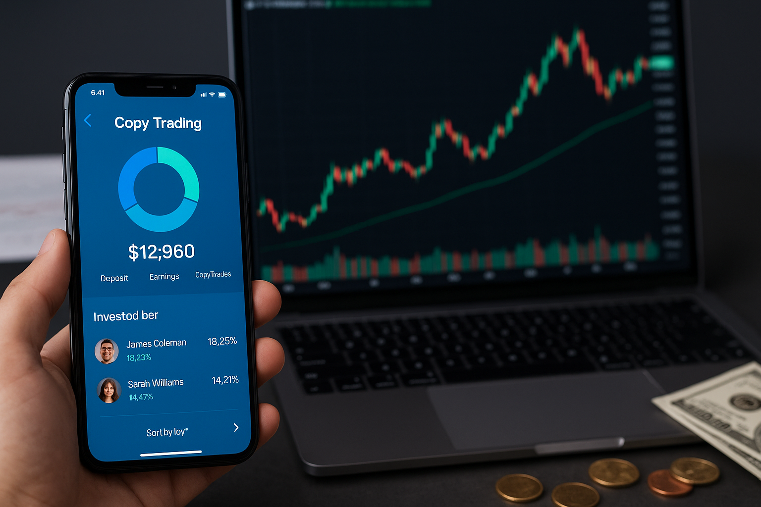 بینینی ئەپلیکەیشنی کۆپی تریدی فارەکس لەسەر مۆبایلێک، لەگەڵ لاپتۆپێک کە نیشاندەری نیشانی نرخەکانە، وا دەرخستنی تریدی ئۆتۆماتیکی و قازانجی مانگانە دەکات.