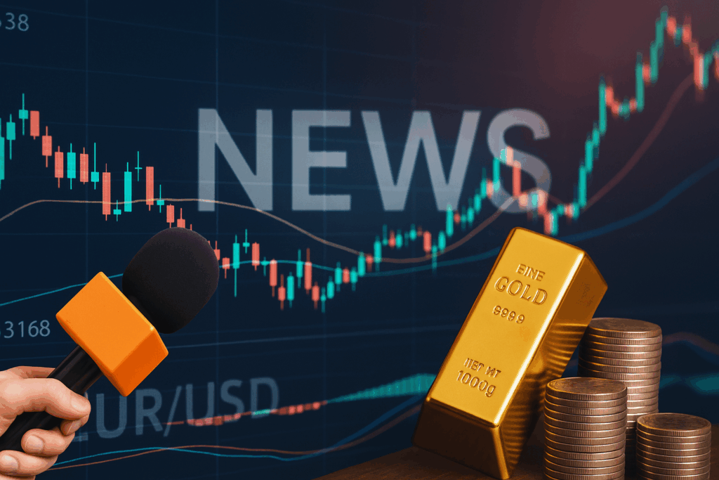 A microphone, gold bar, and stacked coins in front of a candlestick chart labeled "NEWS" and EUR/USD, symbolizing Forex news trading and market volatility.
