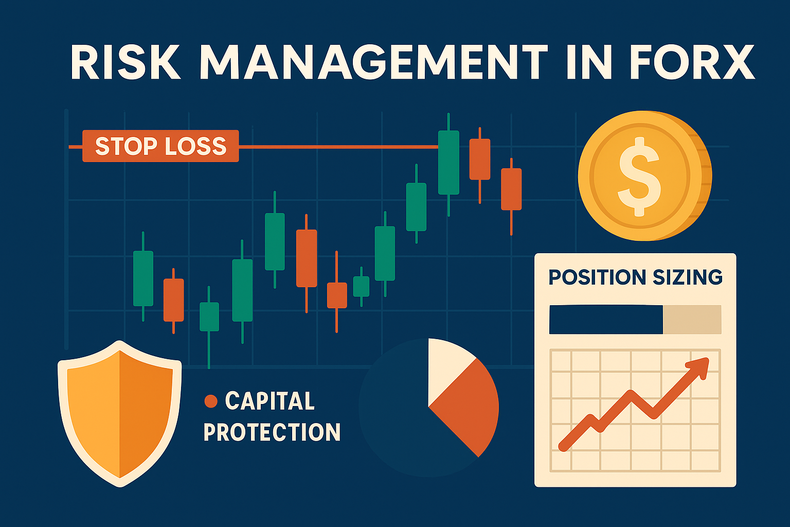 "Risk Management in Forex illustrated with position sizing, stop loss, and capital protection visuals on a trading screen."