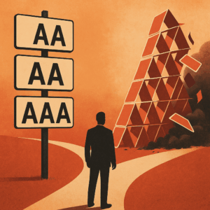 "A conceptual digital illustration showing a businessman standing at a fork in the road. One path leads to signs labeled A, AA, and AAA, symbolizing credit ratings, while the other path shows a house of cards collapsing in smoke, representing the fragility behind top-rated financial products."