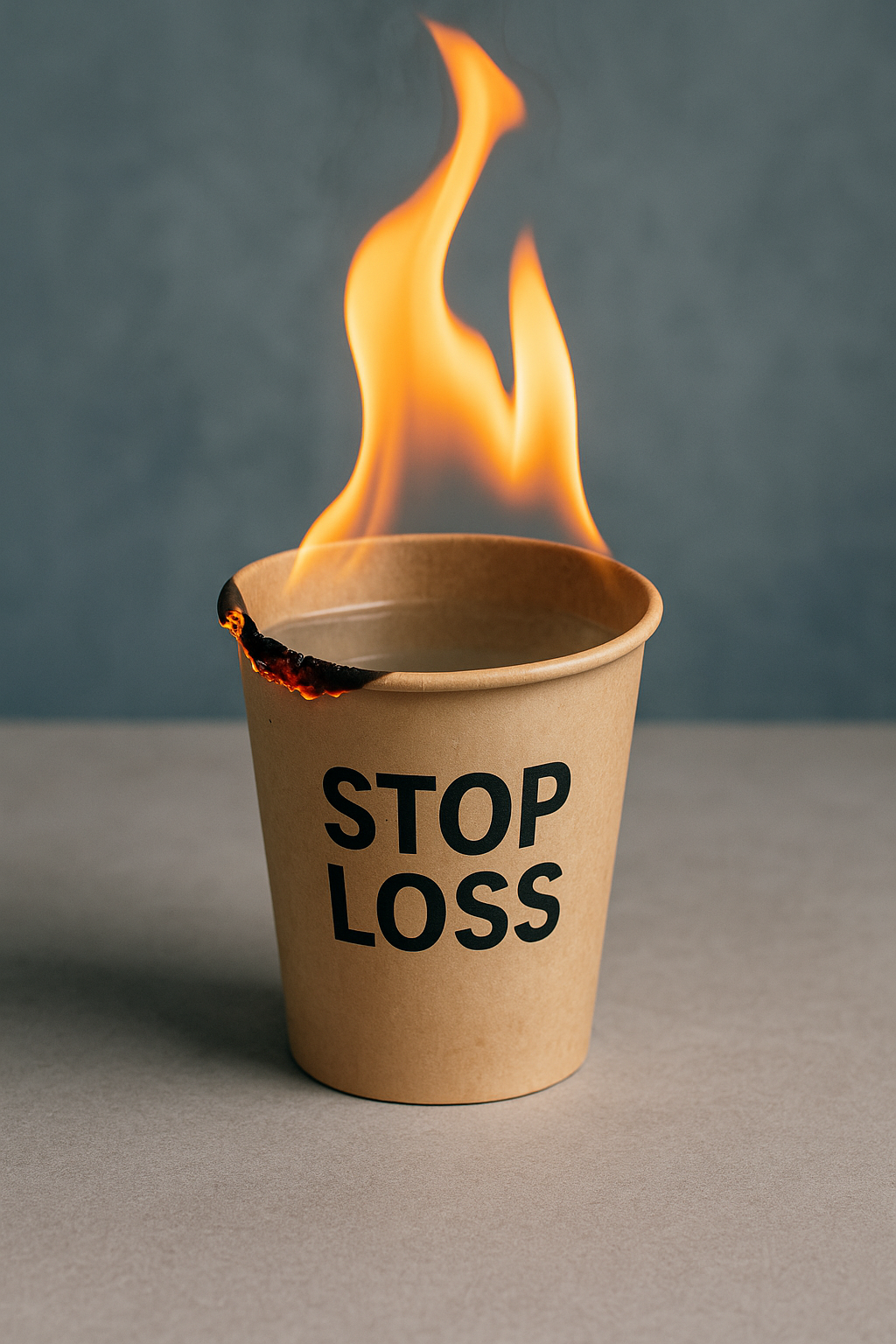 وێنەیەک لە لیوانێکی کاغەزی کە دەسووتێت بە نیشانەی Stop Loss، کە ئاگرەکە لە سەر ئاو وەستاندراوە؛ نیشانەیەک بۆ بەڕێوەبردنی مەترسی فارەکس.