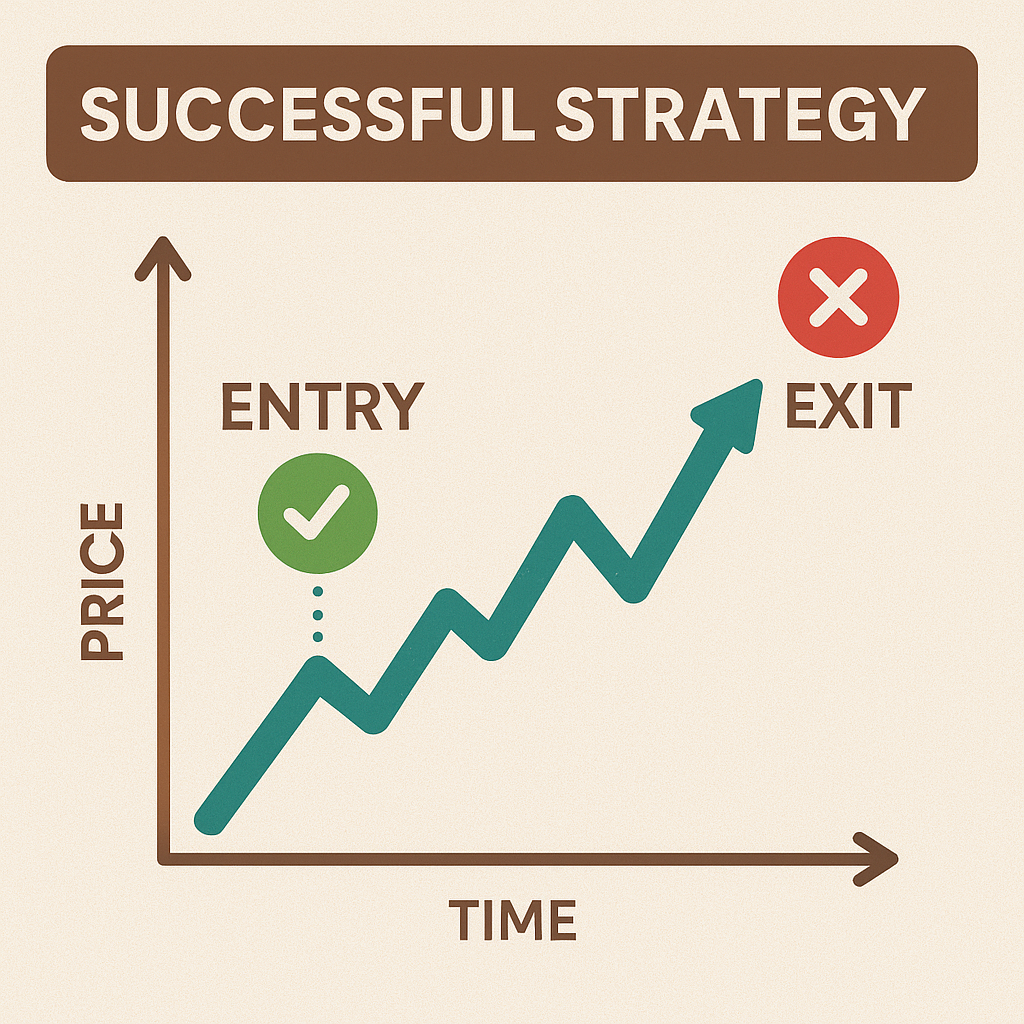 Visual representation of a successful trading strategy showing upward price trend with marked entry and exit points on a chart.