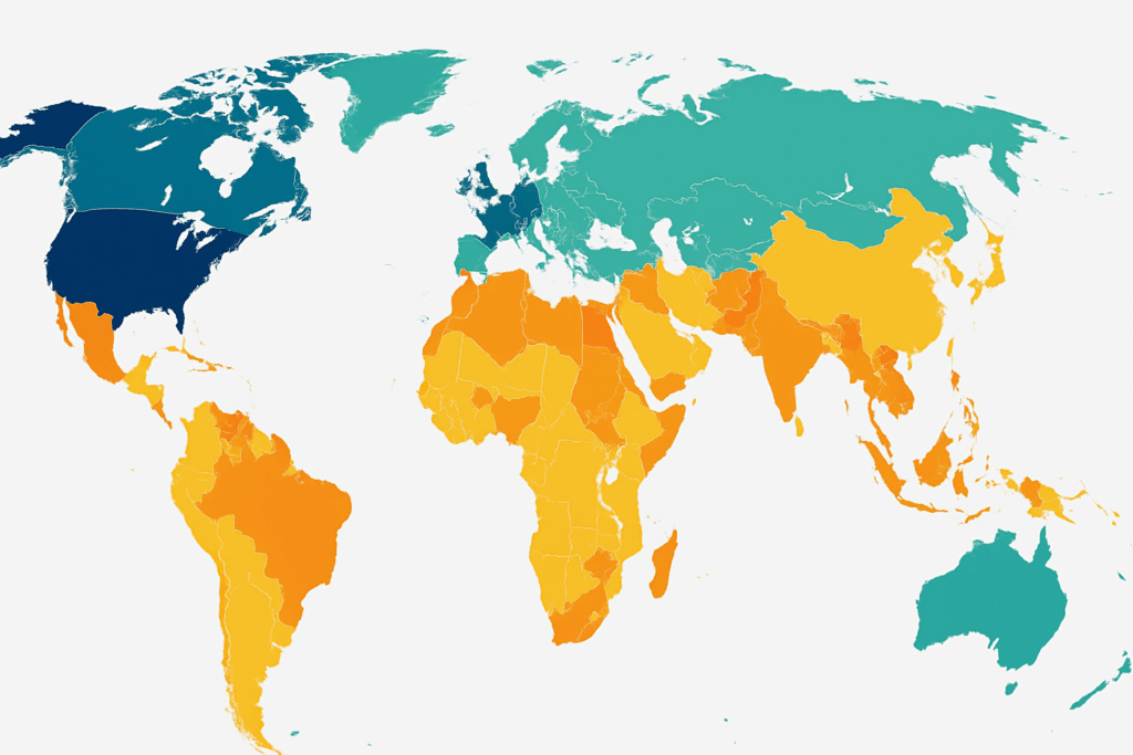 World map showing flags of the top 10 economies by GDP in 2024.