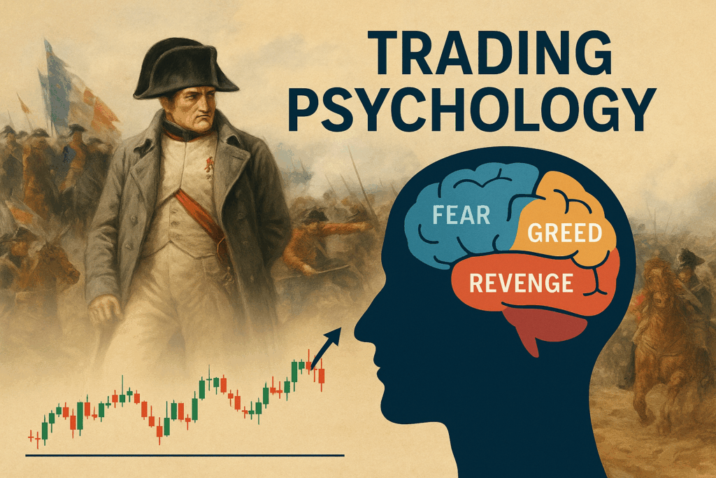 "llustration of trading psychology showing Napoleon at the Battle of Waterloo alongside a human brain labeled with fear, greed, and revenge emotions."