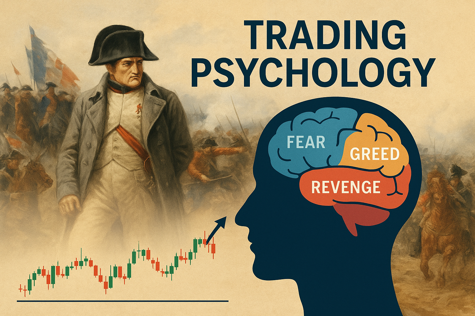 "llustration of trading psychology showing Napoleon at the Battle of Waterloo alongside a human brain labeled with fear, greed, and revenge emotions."