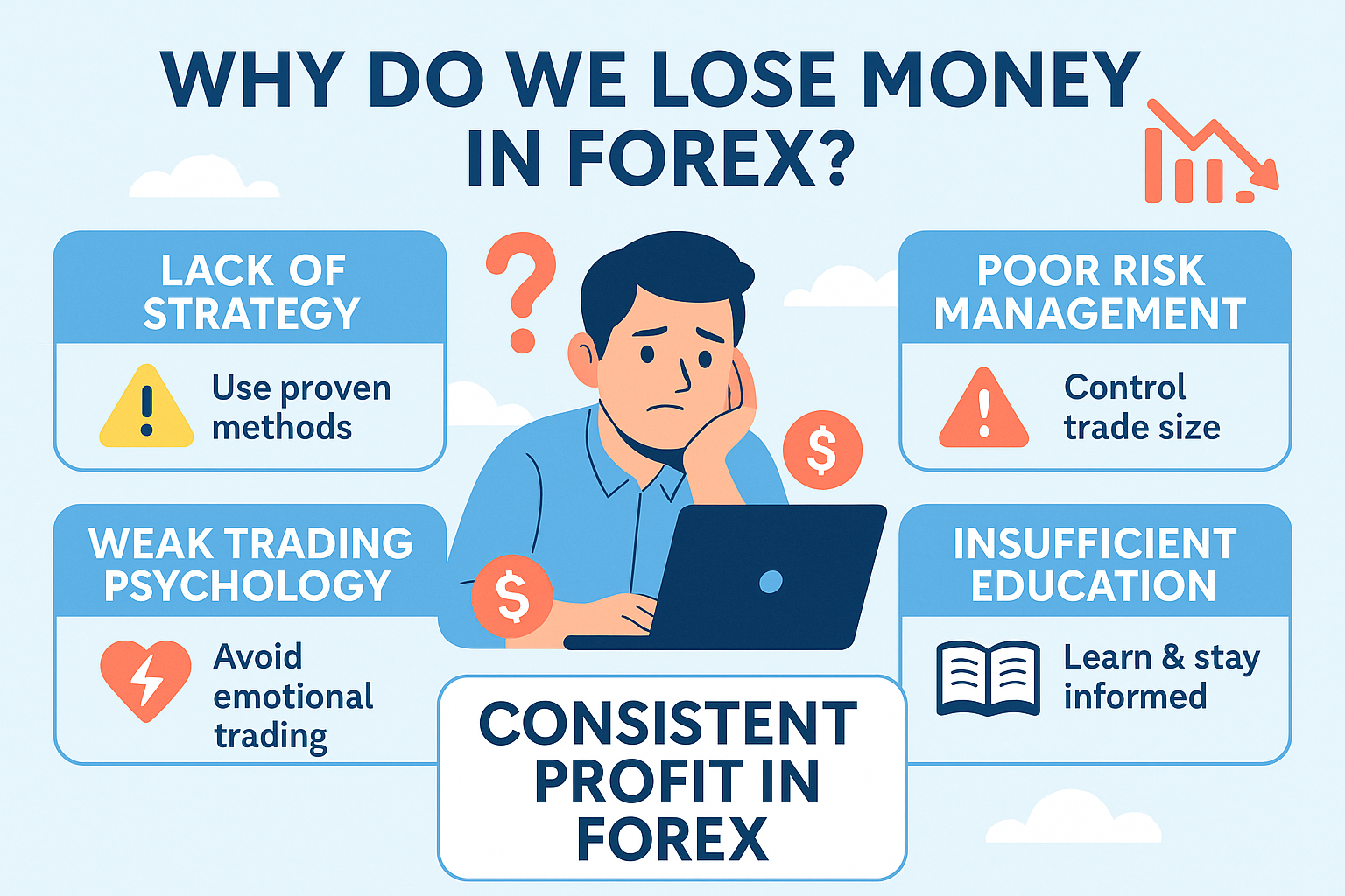 Forex market illustration showing loss factors and tools to achieve consistent profit in Forex