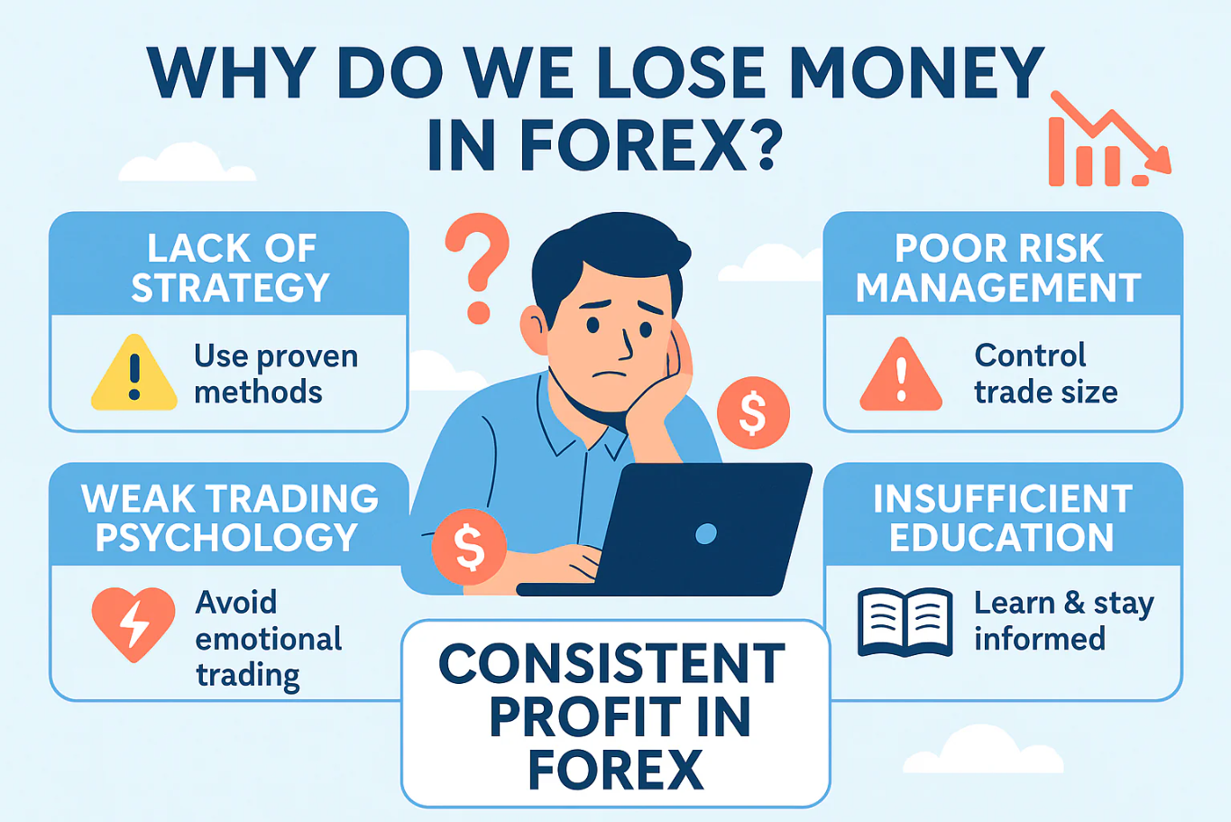 "Forex piyasasında finansal kaybı gösteren, aşağı yönlü trendler ve stresli bir yatırımcıyı tasvir eden illüstrasyon, yatırımcıların para kaybetme nedenlerini temsil ediyor."