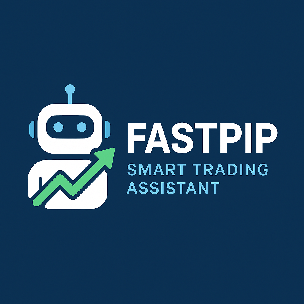 “FastPip Smart Trading Assistant logo featuring a friendly AI robot icon with an upward green market arrow on a dark blue background.”
