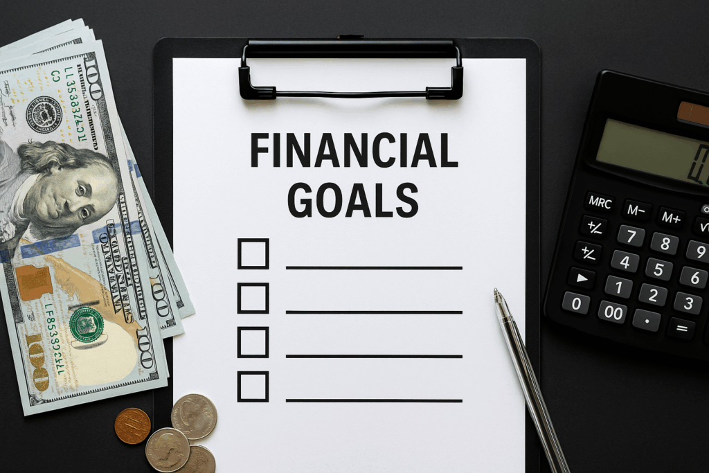 Tools and visuals representing the process of determining financial goals, including money, calculator, and a planning checklist.