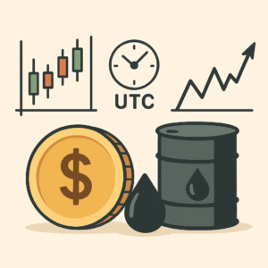تصویر وکتور از نمادهای بازار فارکس، طلا، نفت و شاخصهای آمریکا بههمراه نمودار و ساعت UTC برای نمایش زمانهای اوج معاملات