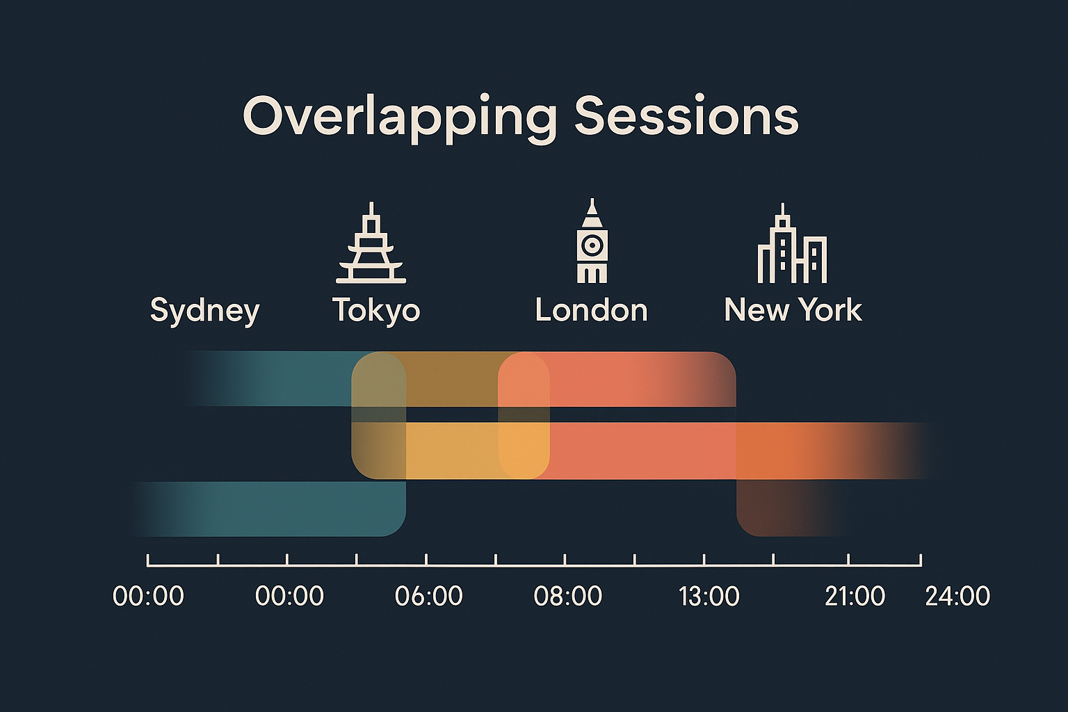 Forex overlapping trading sessions chart showing Sydney, Tokyo, London, and New York market hours on a UTC timeline