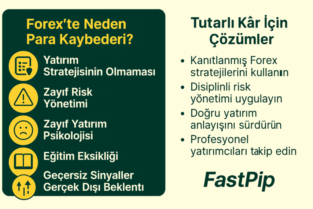 "Forex'te para kaybetme nedenleri ve tutarlı kâr için çözümleri gösteren infografik."