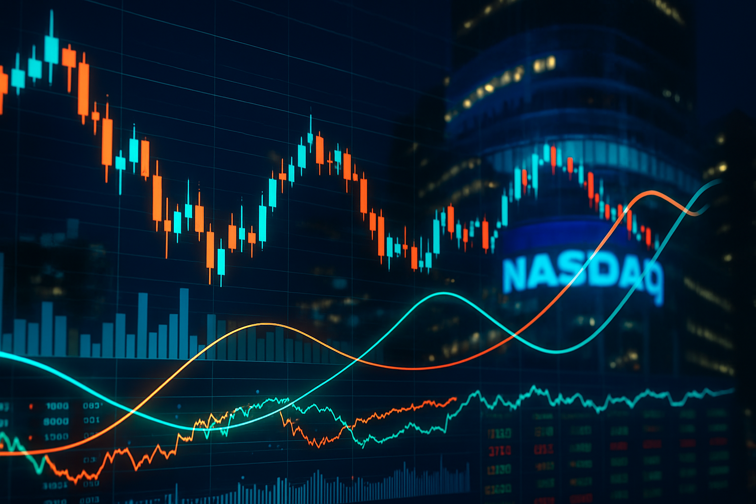 A high-resolution image showing financial charts and candlestick graphs overlaid on a nighttime view of the NASDAQ building, representing modern financial markets.