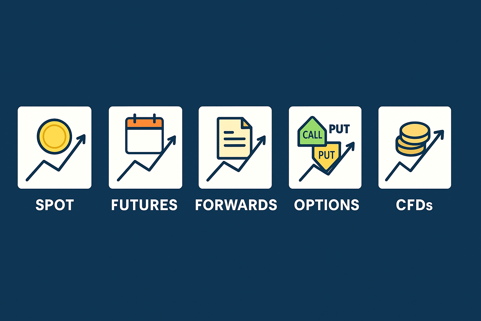 آشنایی با انواع بازارهای مالی شامل اسپات، آتی، سلف، اختیار معامله و CFD در قالب تصویر مفهومی و مدرن بدون متن