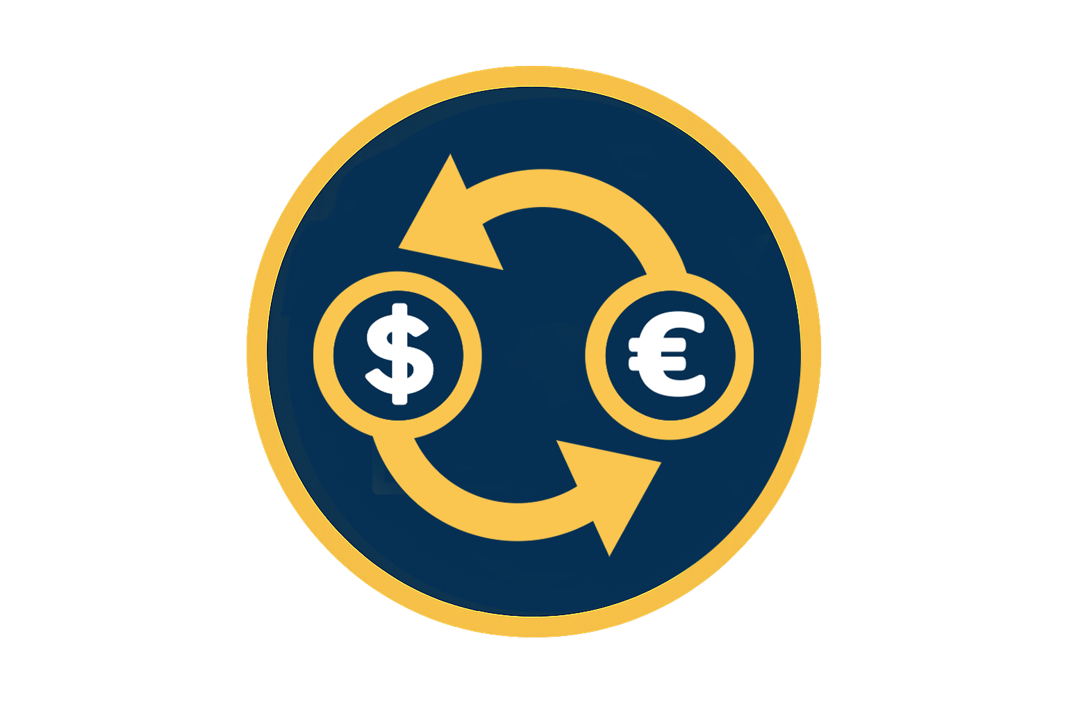 The image shows a flat, minimalistic circular icon with a navy blue (#184164) background and a golden-yellow (#FBA819) border. Inside the circle, there are two currency symbols: a dollar sign ($) on the left and a euro sign (€) on the right, each enclosed in a golden circle. Two curved arrows connect the symbols in opposite directions, representing exchange and trading. The design is clean, symmetrical, and transparent, making it suitable for a forex glossary website to illustrate Currency Pair.