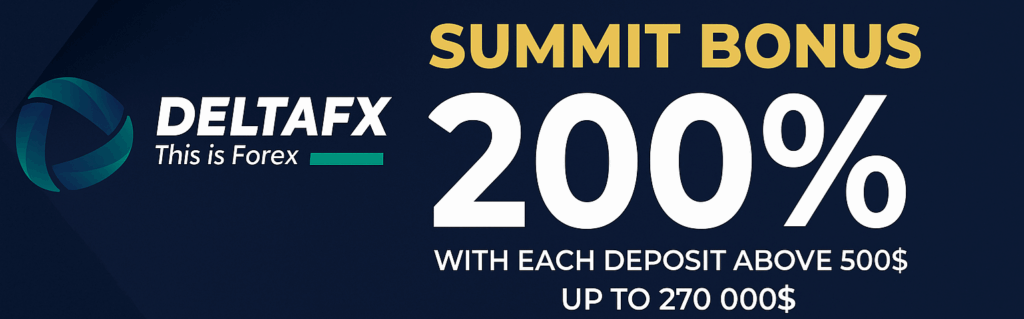 DeltaFX Summit Bonus banner displaying 200% bonus on deposits over $500, up to $270,000, with DeltaFX logo on a dark blue background.