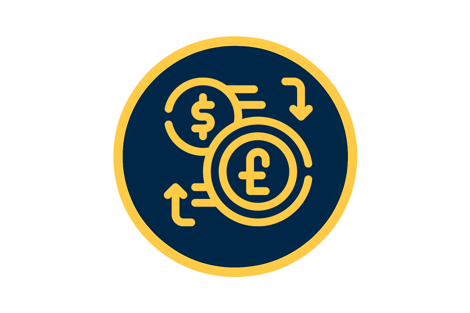 "Lacivert arka planlı ve altın kenarlıklı Döviz Kuru ikonu, dolar ve sterlin sembollerini oklarla göstererek forex piyasasında döviz kurunu temsil ediyor."