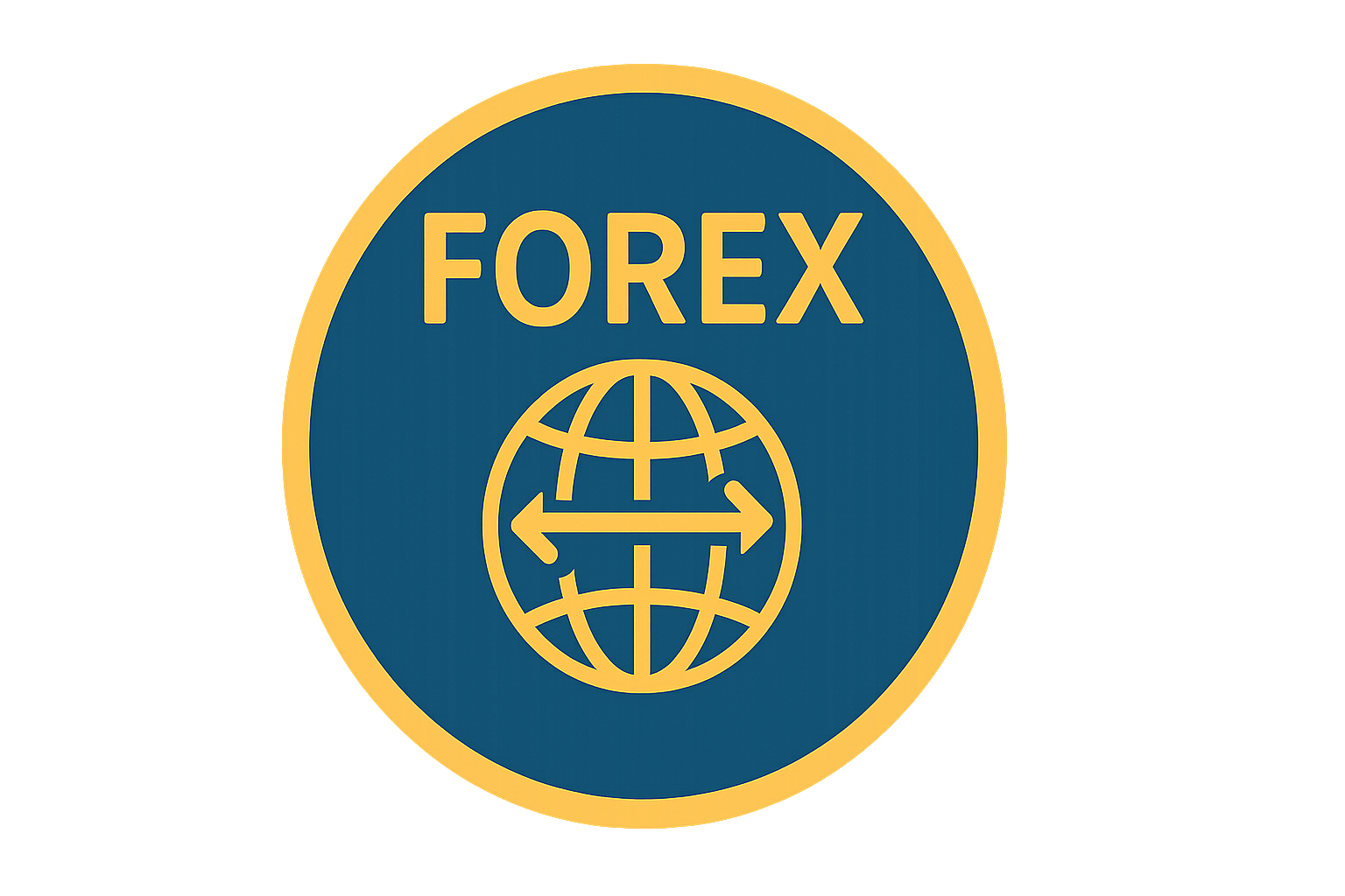 The icon is a flat, minimalistic circular design with a navy blue (#184164) background and a golden-yellow (#FBA819) border. At the top inside the circle, the word “FOREX” is written in bold, uppercase golden-yellow letters. Below it is a golden-yellow globe with latitude and longitude lines, crossed by a horizontal double-headed arrow, symbolizing global currency exchange. The design is centered within a 500x300 frame and has no background.