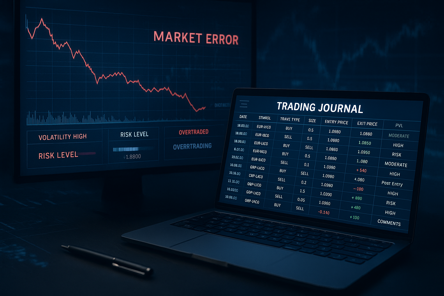 Digital trading journal setup showing trade logs, charts, and performance tracking – representing trading journal writing in action.