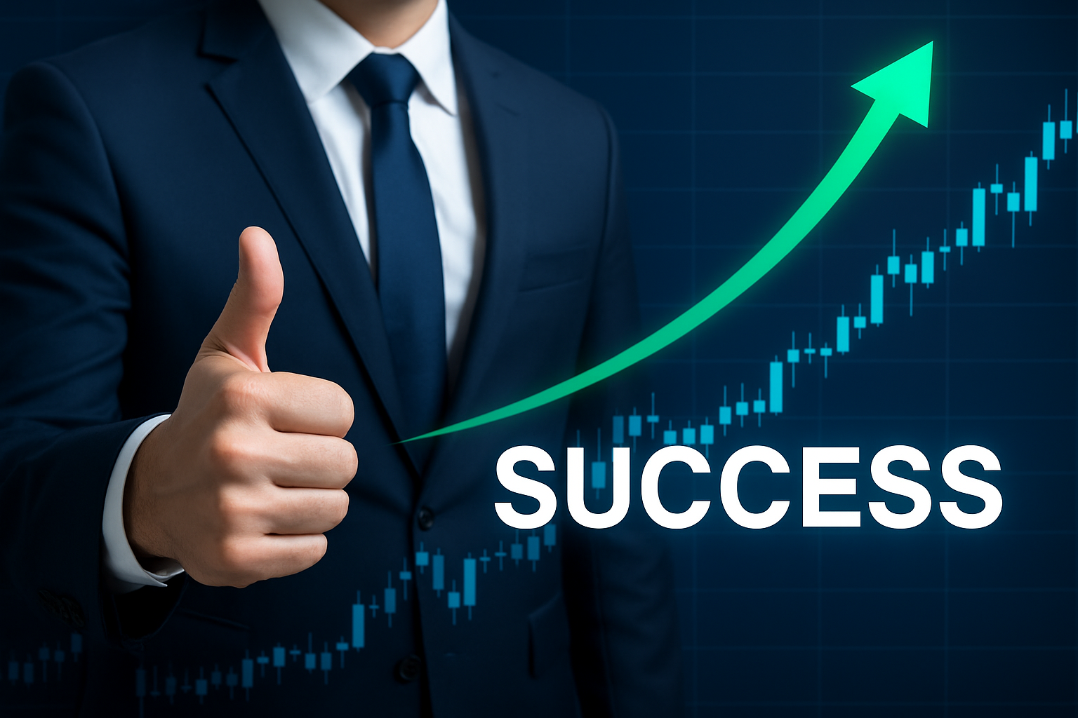 "A businessman in a suit giving a thumbs-up in front of a rising financial chart, symbolizing success in trading and positive market performance.