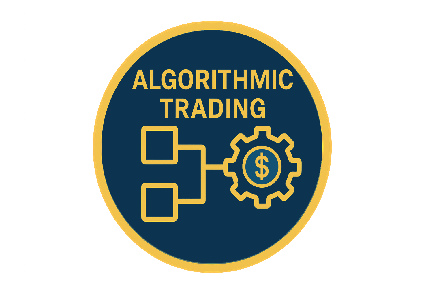 The image shows a flat, minimalistic circular icon with a navy blue (#184164) background and a golden-yellow (#FBA819) border. Inside the circle, the words “ALGORITHMIC TRADING” appear in bold, uppercase golden-yellow letters at the top. Below the text, there is a simple symbolic design: a flowchart-like diagram with connected squares leading to a gear, and beneath them, a golden-yellow dollar sign inside a thin circle. The design is symmetrical, clean, and without background, making it suitable for a forex glossary website.