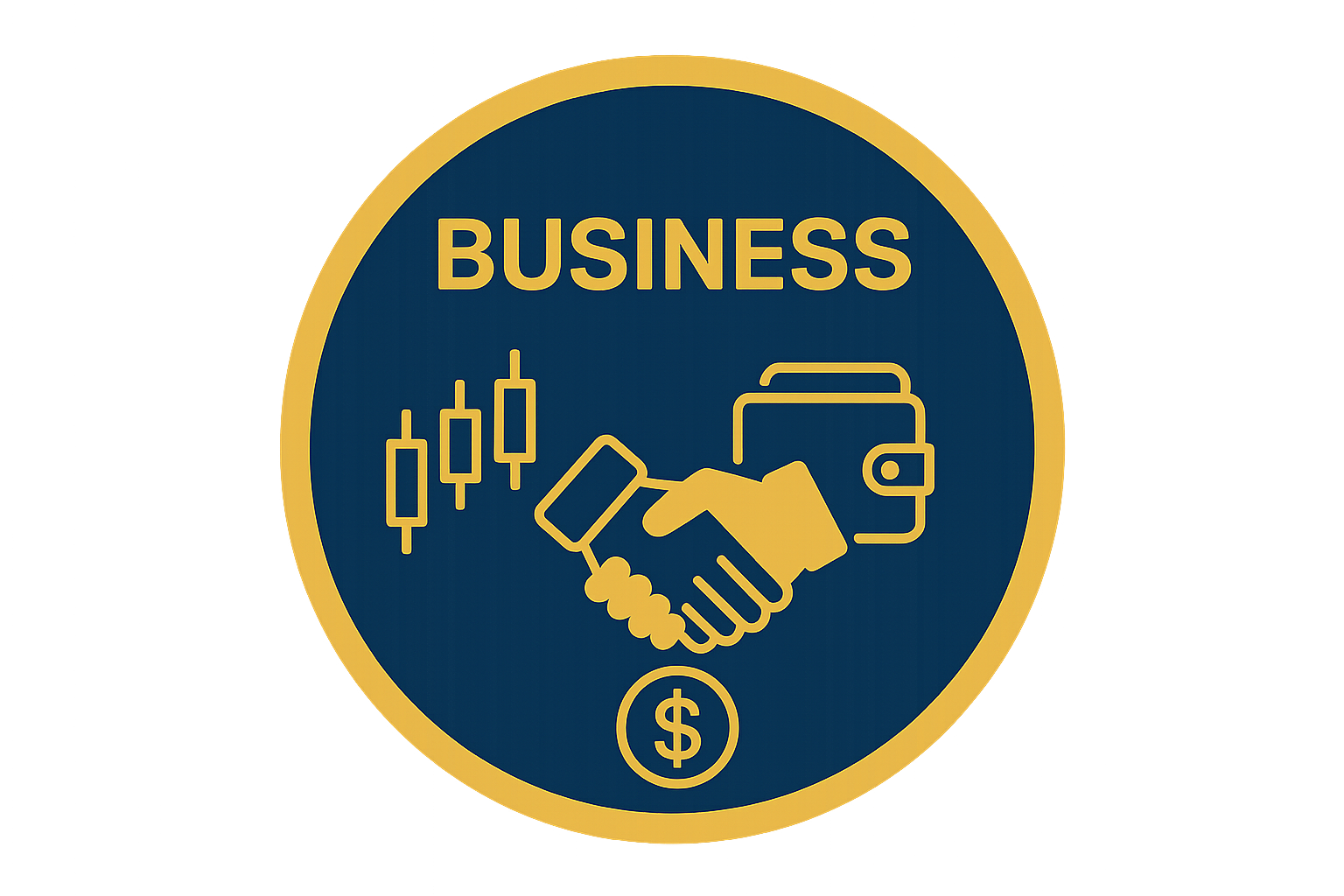The image shows a flat, minimalistic circular icon with a navy blue (#184164) background and a golden-yellow (#FBA819) border. Inside the circle, the bold uppercase word “BUSINESS” appears at the top in golden-yellow. Below the text, three symbols are arranged: on the left, a set of candlestick chart bars; in the center, two hands shaking to symbolize partnership; and on the right, a wallet icon. At the bottom, there is a golden-yellow dollar sign ($) inside a thin circle. The design is clean, symmetrical, and without background, making it suitable for a forex glossary website.