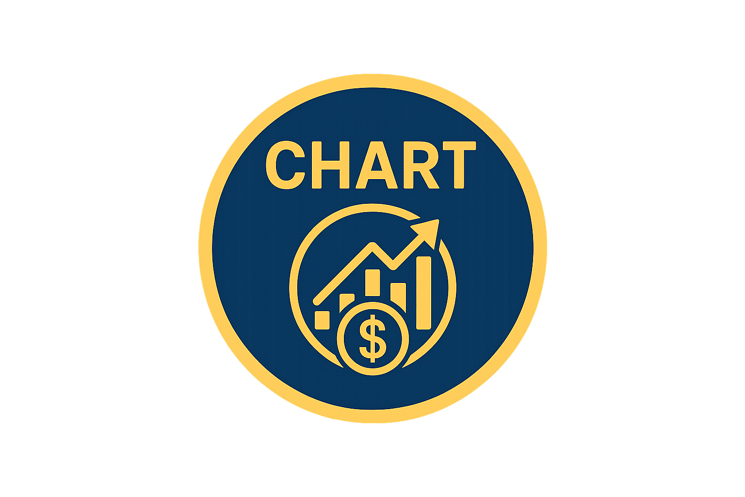 The image shows a flat, minimalistic circular icon with a navy blue (#184164) background and a golden-yellow (#FBA819) border. At the top, the bold uppercase text “CHART” is written in golden-yellow. Inside the circle, there are two symbols: on the left, a simple newspaper icon, and on the right, a candlestick chart with an upward trend line. The design is clean, symmetrical, and transparent, making it suitable for a forex glossary website.