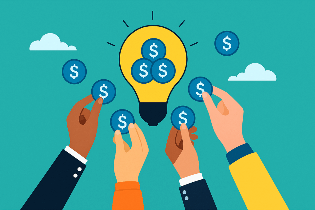 Illustration of crowdfunding concept with diverse hands contributing coins into a glowing light bulb, symbolizing collective financing and innovation.