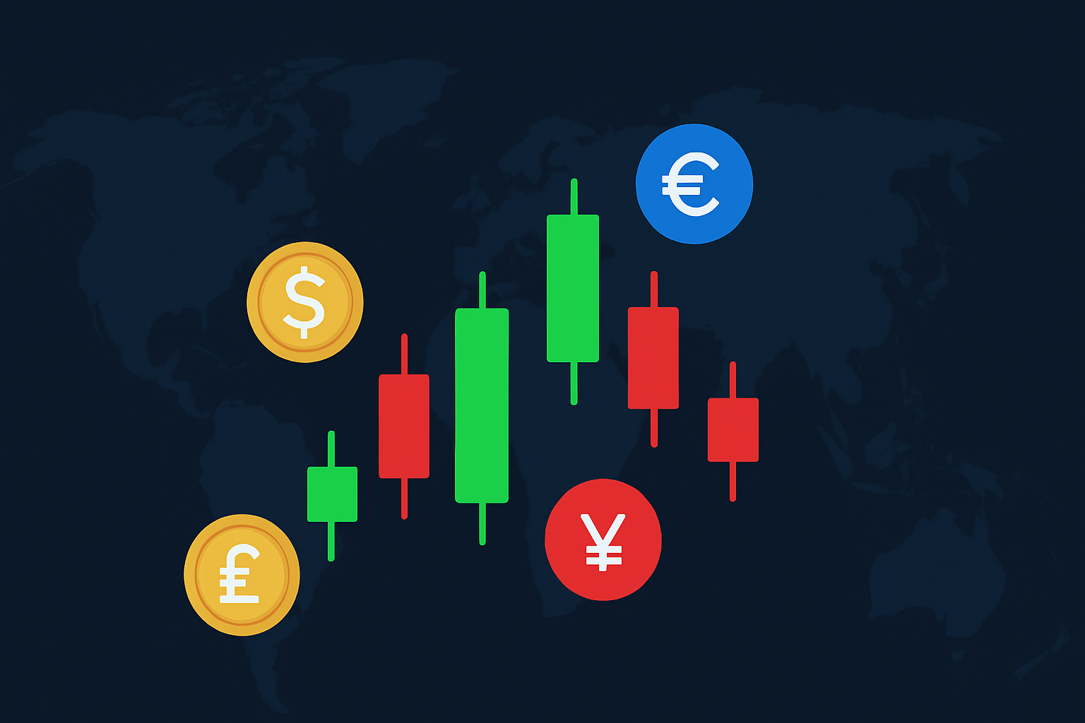 "Forex and geopolitics illustration showing candlestick chart with USD, EUR, GBP, and JPY currency symbols over a world map background."