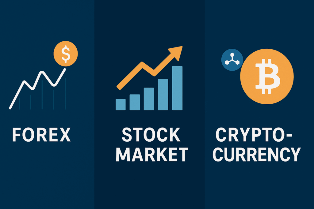 Alt Text: "Digital illustration comparing Forex, Stock Market, and Cryptocurrency with modern icons and charts on a dark blue background."