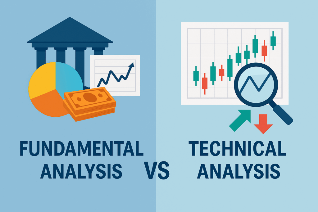 "Illustration comparing fundamental analysis and technical analysis in financial markets with charts and symbols."
