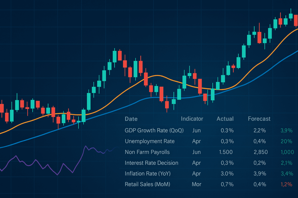 "Digital illustration of a candlestick chart with moving averages and economic indicators table, representing combined technical and fundamental analysis."