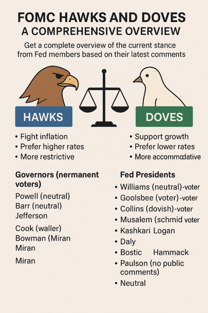 "Infographic comparing FOMC Hawks and Doves, showing hawks prioritizing inflation control and higher rates, versus doves supporting growth and lower rates, with member names listed under each category."