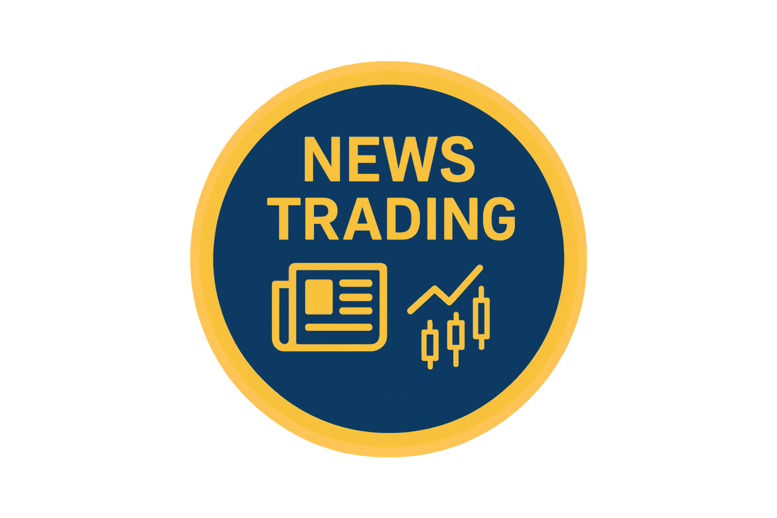 The image shows a flat, minimalistic circular icon with a navy blue (#184164) background and a golden-yellow (#FBA819) border. At the top, the bold uppercase text “NEWS TRADING” is written in golden-yellow. Inside the circle, there are two symbols: on the left, a simple newspaper icon, and on the right, a candlestick chart with an upward trend line. The design is clean, symmetrical, and transparent, making it suitable for a forex glossary website.