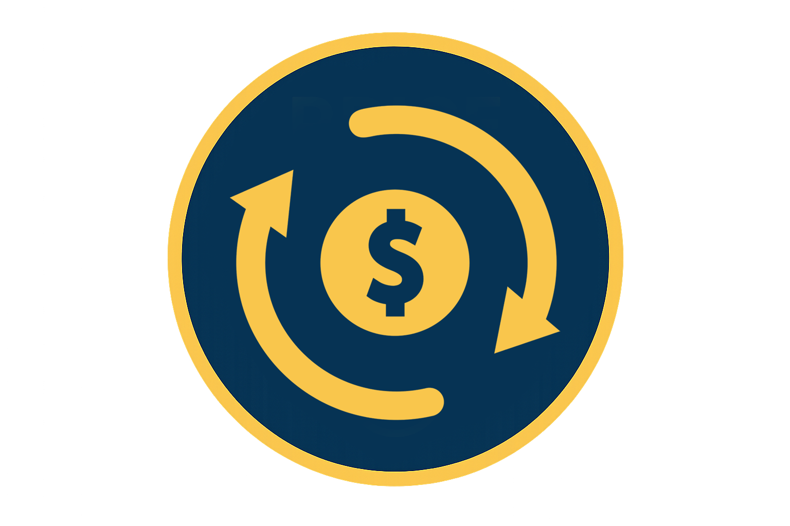 The image shows a flat, minimalistic circular icon with a navy blue (#184164) background and a golden-yellow (#FBA819) border. At the center, there is a golden-yellow dollar sign ($) encircled by two curved arrows forming a circular motion, symbolizing price movement and market flow. The design is clean, symmetrical, and without background, making it suitable for a forex glossary website.