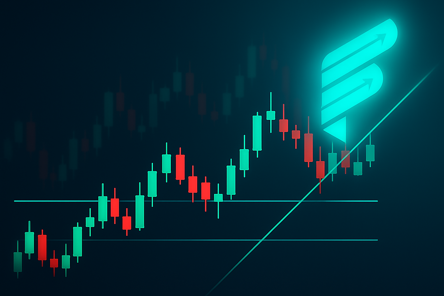 "Featured image showing candlestick chart with support, resistance, and trendlines on a dark blue background, with glowing FastPip logo in the corner."