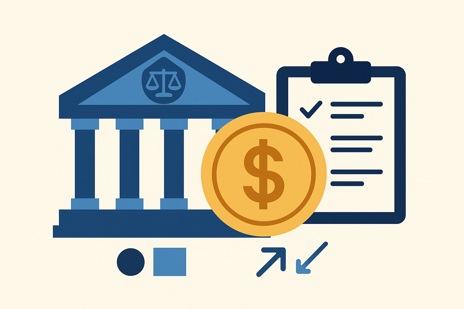 Minimal illustration of U.S. Treasury stablecoin rules with government building, dollar coin, and regulation checklist