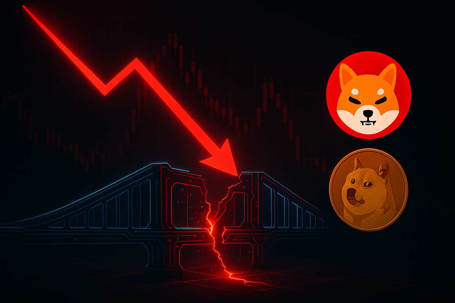 Shibarium flash-loan exploit: cracked digital bridge with a red down arrow; SHIB and DOGE logos over bearish candlesticks.