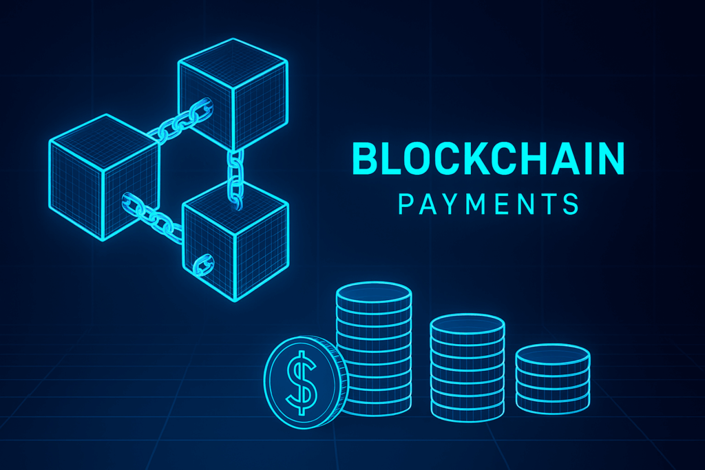 A 3D digital illustration showing blockchain cubes connected by chains beside stacked digital coins, symbolizing blockchain-based Forex payments and financial technology.