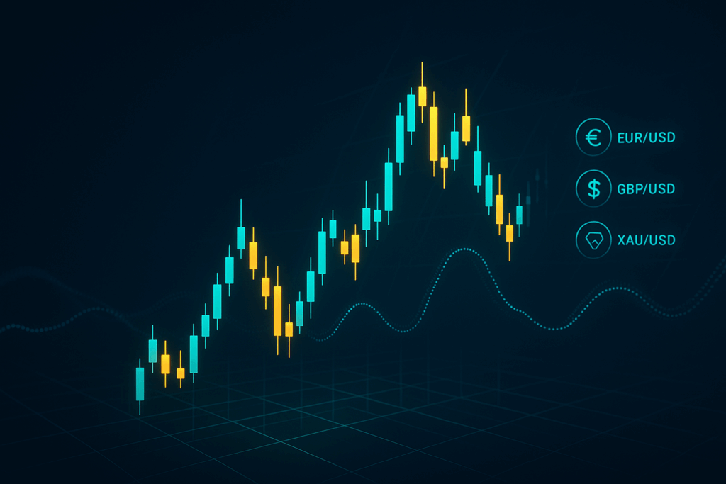 A professional 3D digital illustration showing a glowing Forex candlestick chart in turquoise and gold on a dark blue background, symbolizing liquidity, market depth, and trading performance.
