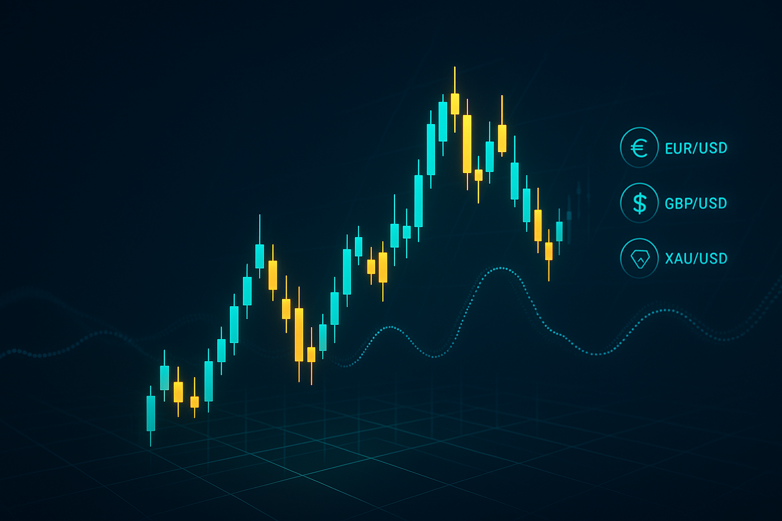 A professional 3D digital illustration showing a glowing Forex candlestick chart in turquoise and gold on a dark blue background, symbolizing liquidity, market depth, and trading performance.