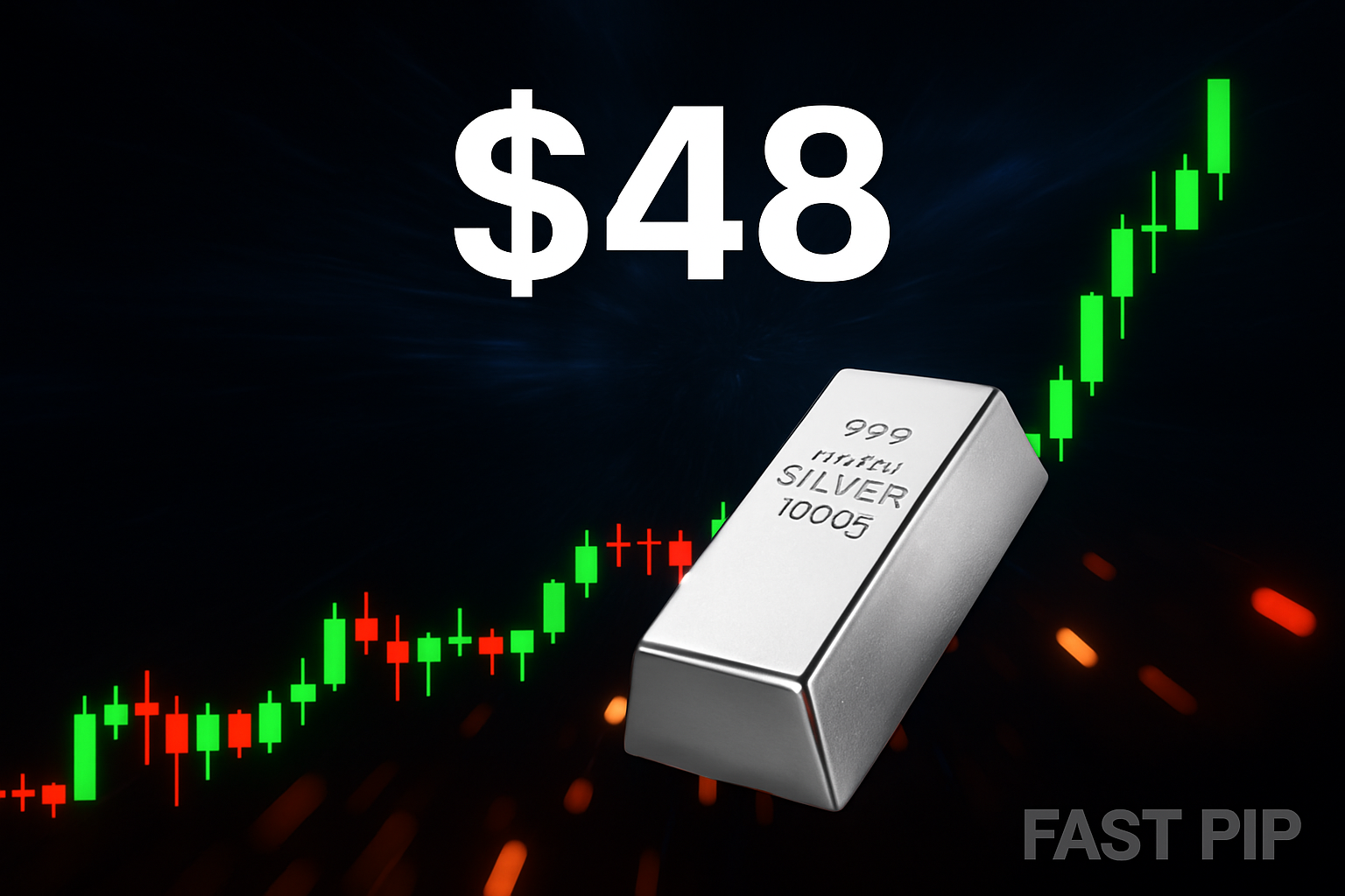 "Silver price prediction with XAG/USD rally shown by silver bar and bullish candlestick chart targeting $48 – FastPip analysis"