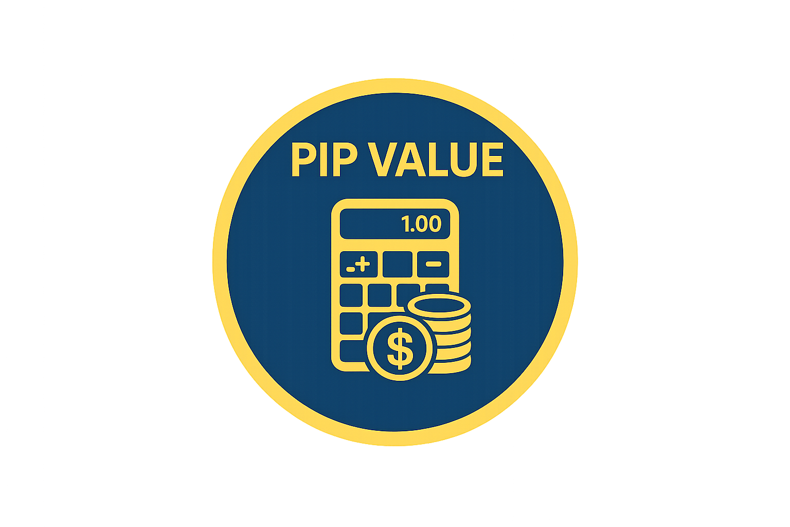 PIP VALUE circular icon with dark blue background and gold border, featuring a calculator and stacked dollar coins in gold vector style.