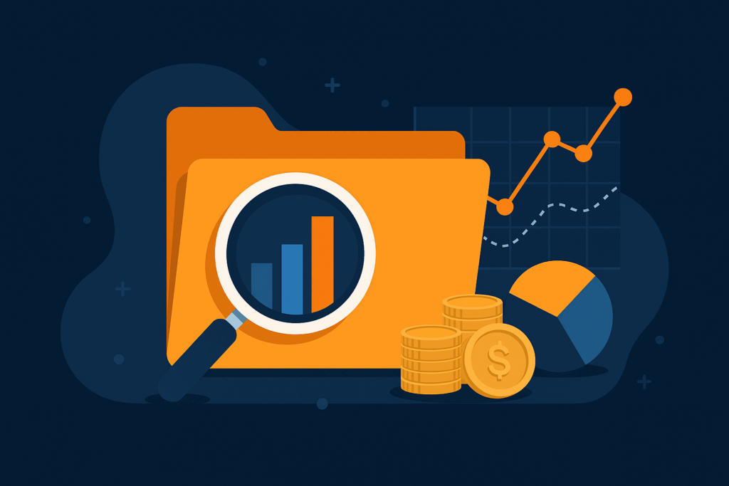 A financial illustration showing charts, graphs, magnifying glass, folder, and gold coins symbolizing hidden economic indicators and data analysis.