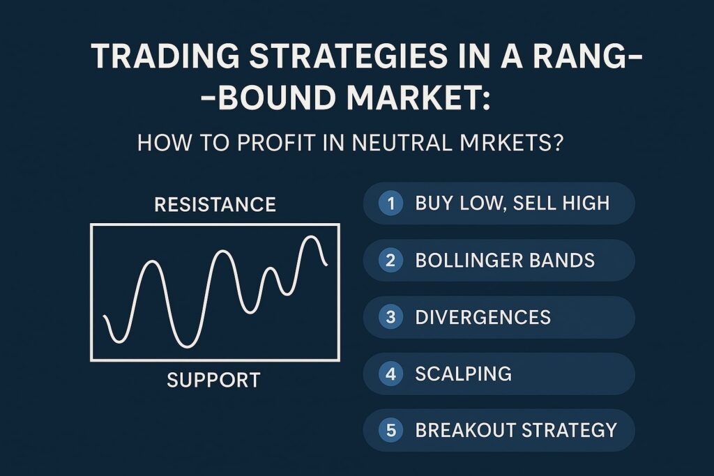 "Infographic illustrating trading strategies in a range-bound market, including support and resistance levels, divergences, Bollinger Bands, scalping, and breakout strategy on a dark professional background."