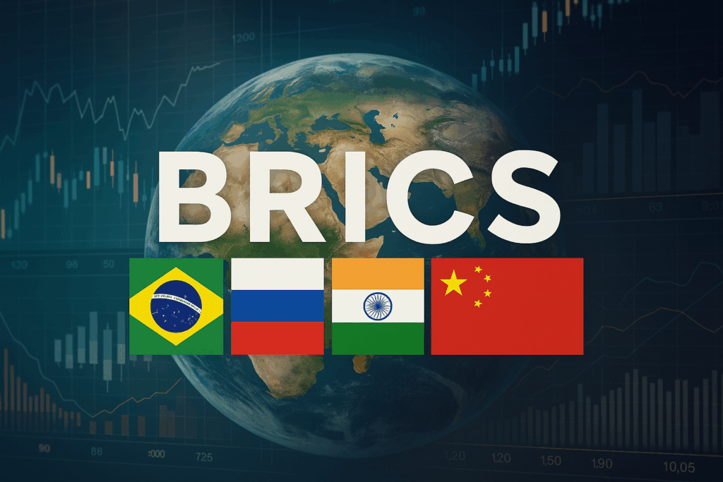 "A digital illustration showing the BRICS countries represented by flags and economic symbols, highlighting their growing influence in the global economy."