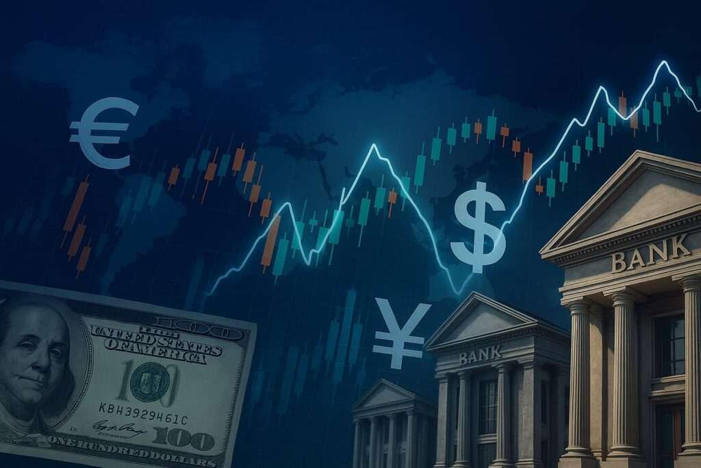 Illustration of global monetary policy influence on forex markets featuring currency symbols, bank buildings, and financial charts.