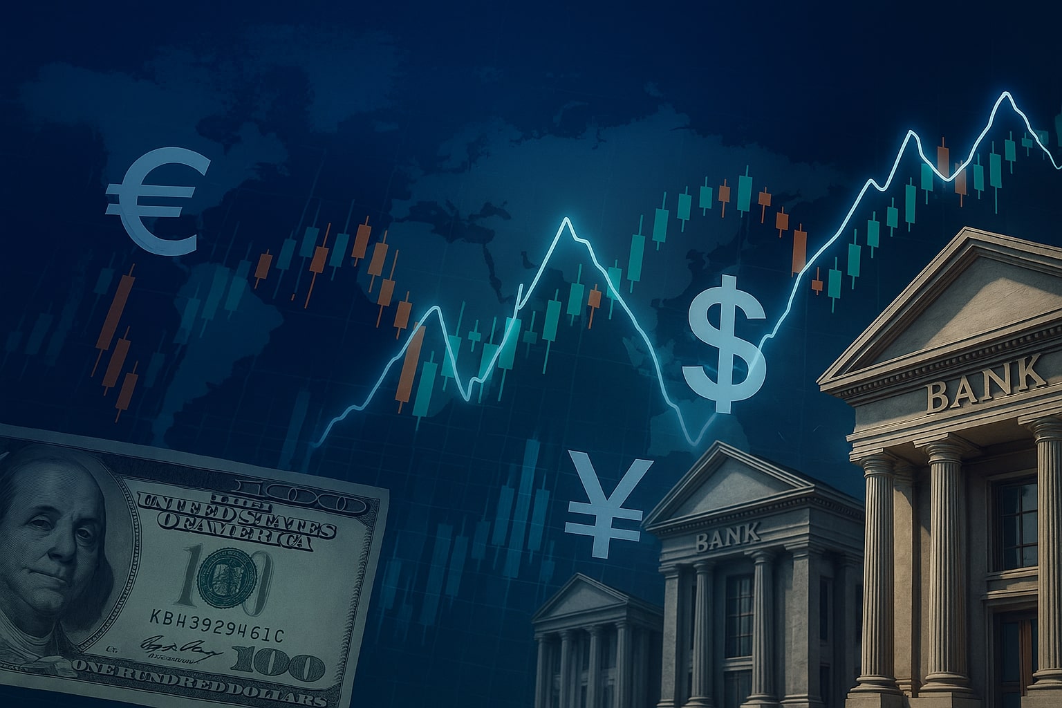 Illustration of global monetary policy influence on forex markets featuring currency symbols, bank buildings, and financial charts.